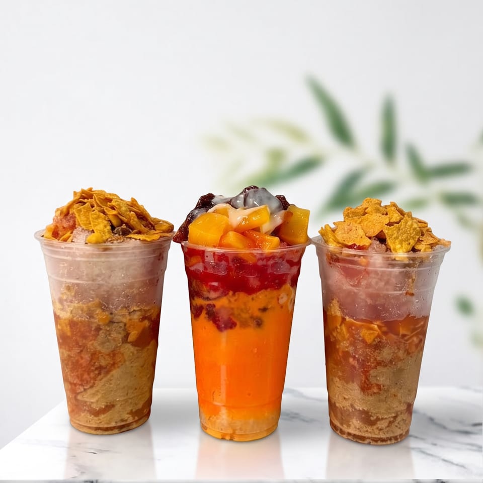 Three colorful halo-halo desserts in clear cups, two topped with cornflakes, one with fruit, on a marble surface.