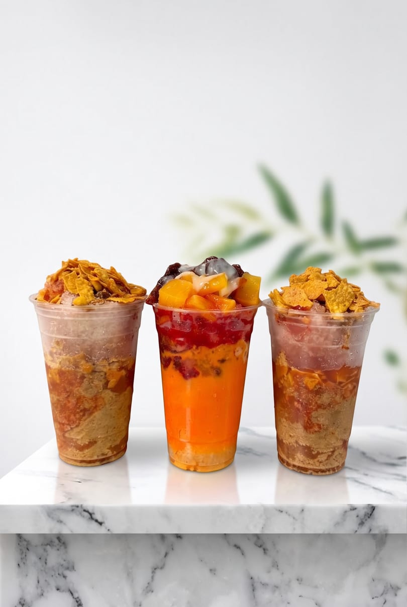 Three colorful halo-halo desserts in clear cups, two topped with cornflakes, one with fruit, on a marble surface.