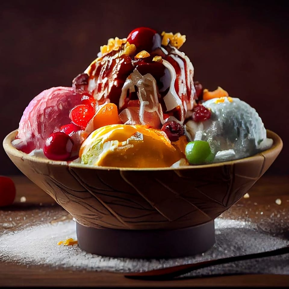 A large bowl of colorful ice cream scoops topped with fruit, syrup, and nuts on a wooden table.