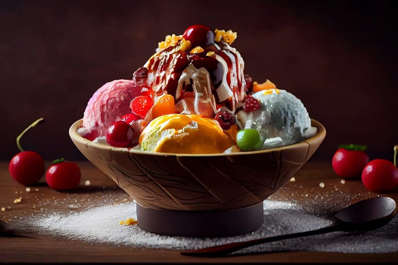 A large bowl of colorful ice cream scoops topped with fruit, syrup, and nuts on a wooden table.
