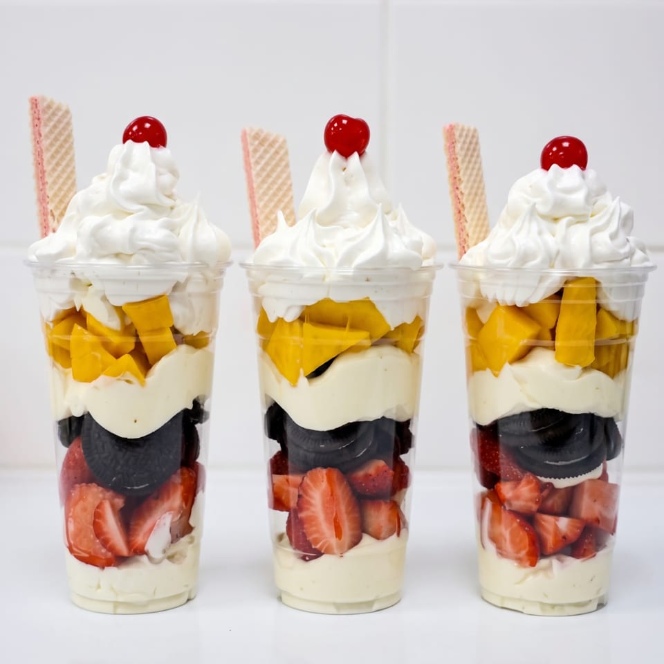 Three parfaits with layers of strawberries, cookies, cream, mangoes, whipped cream, and cherries.
