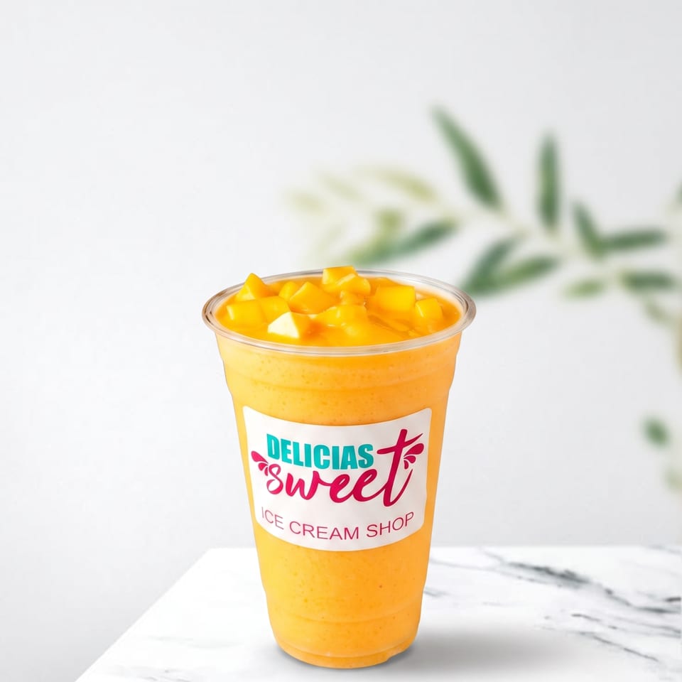 Delicias Sweet Ice Cream Shop mango smoothie with mango chunks on a marble surface.
