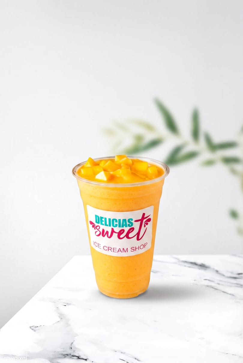 Delicias Sweet Ice Cream Shop mango smoothie with mango chunks on a marble surface.