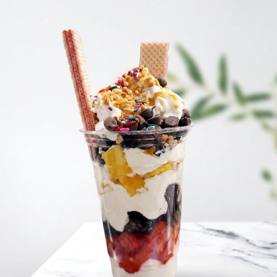 A clear cup filled with layers of ice cream, fruit, chocolate chips, sprinkles, and two wafer cookies.