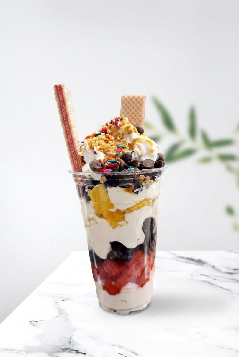 A clear cup filled with layers of ice cream, fruit, chocolate chips, sprinkles, and two wafer cookies.