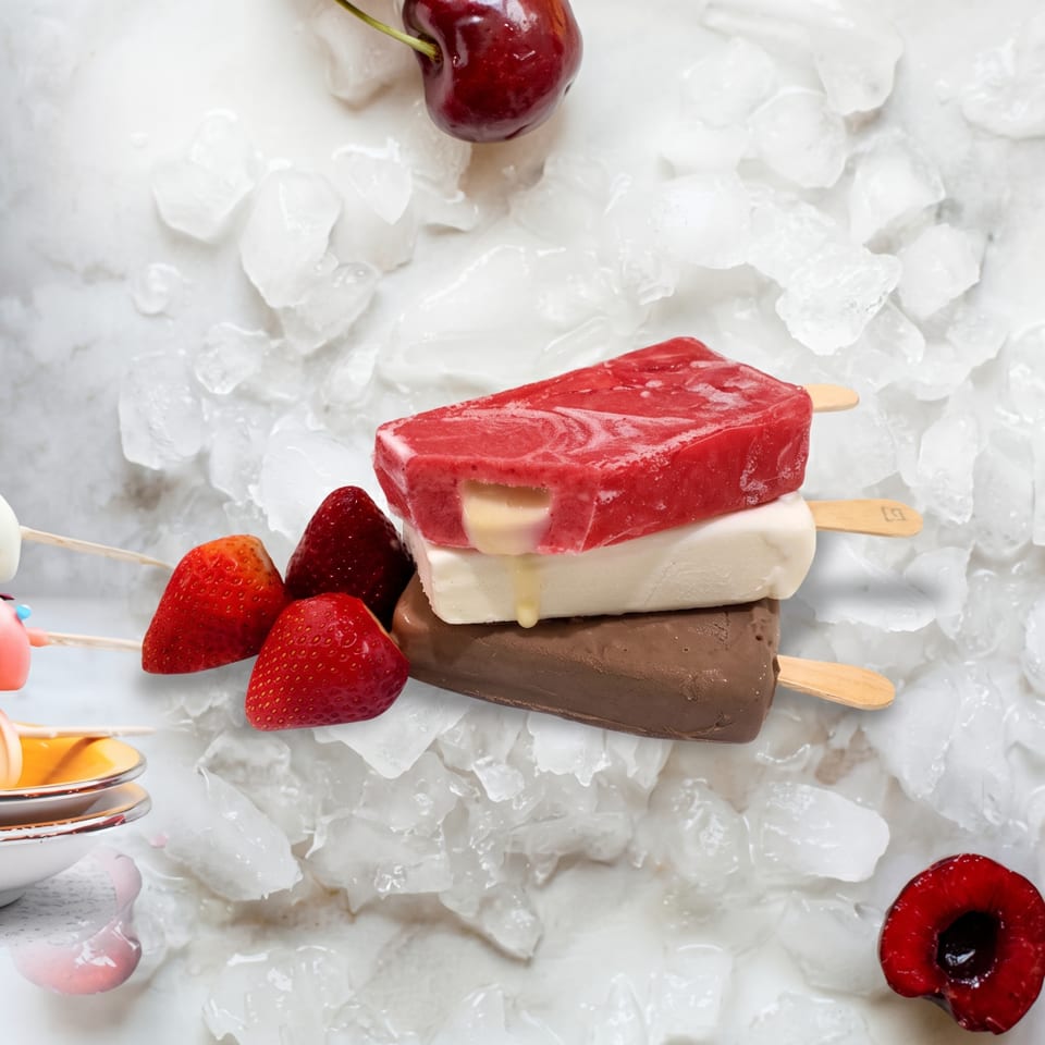 Three popsicles (strawberry, vanilla, chocolate) stacked on ice with fresh strawberries and cherries.