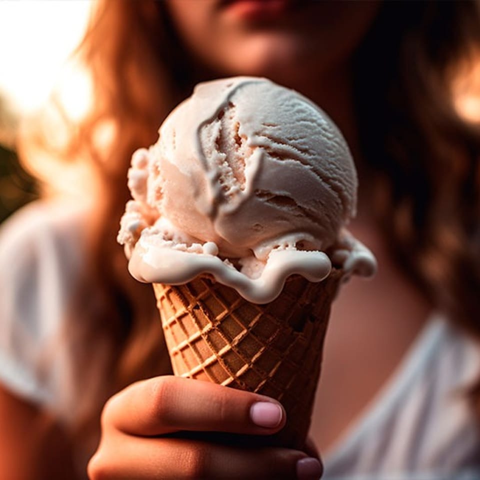 A person holds a waffle cone with two scoops of melting vanilla ice cream at sunset.