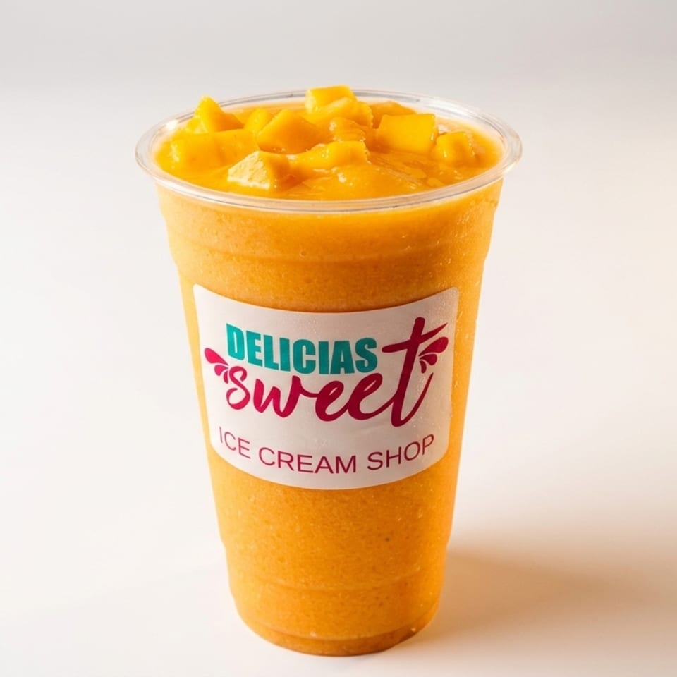 A Delicias Sweet Ice Cream Shop mango smoothie, topped with fresh mango chunks, on a white background.