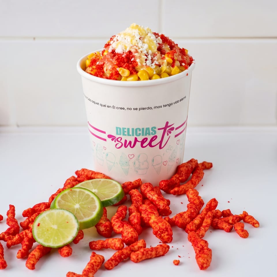 A cup of esquites with cheese, chili, and corn, surrounded by lime slices and spicy snacks.