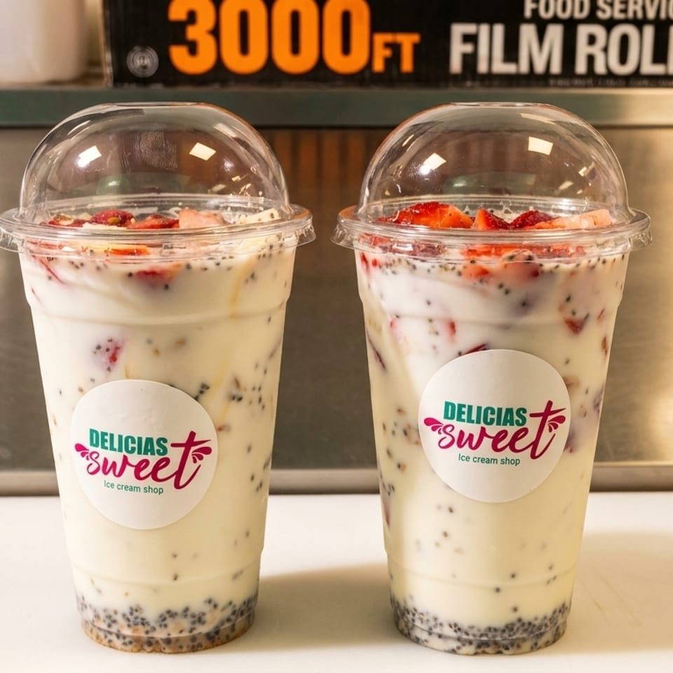Two Delicias Sweet ice cream shop cups filled with a creamy dessert, strawberries, and chia seeds.