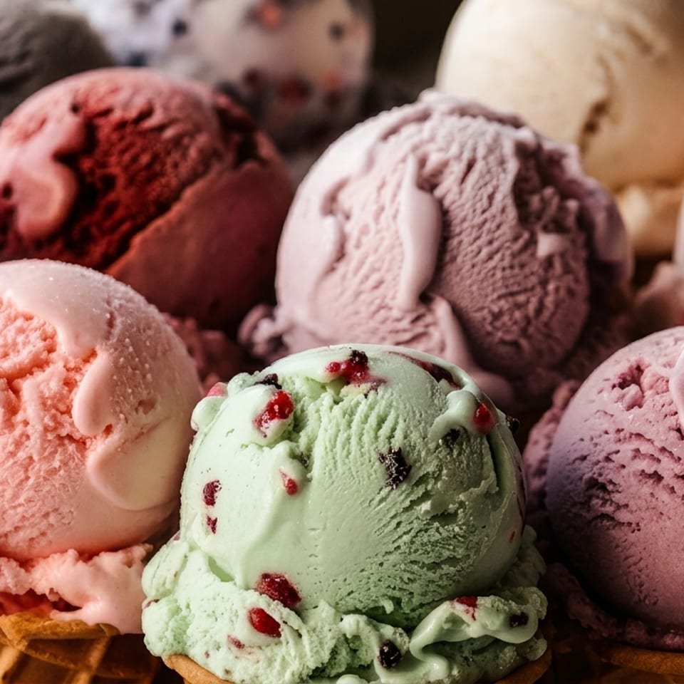Assortment of colorful ice cream scoops in waffle cones, including strawberry, pistachio, and chocolate.