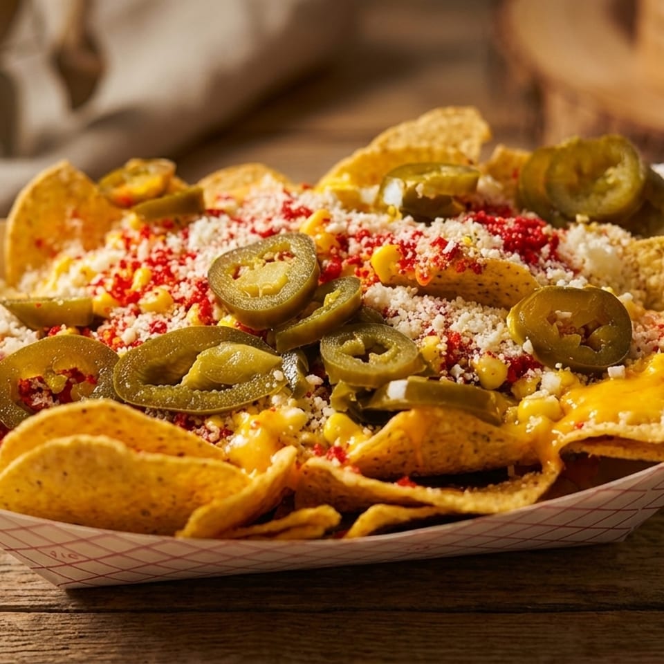 A paper tray of nachos with melted cheese, corn, red seasoning, and sliced jalapeños.