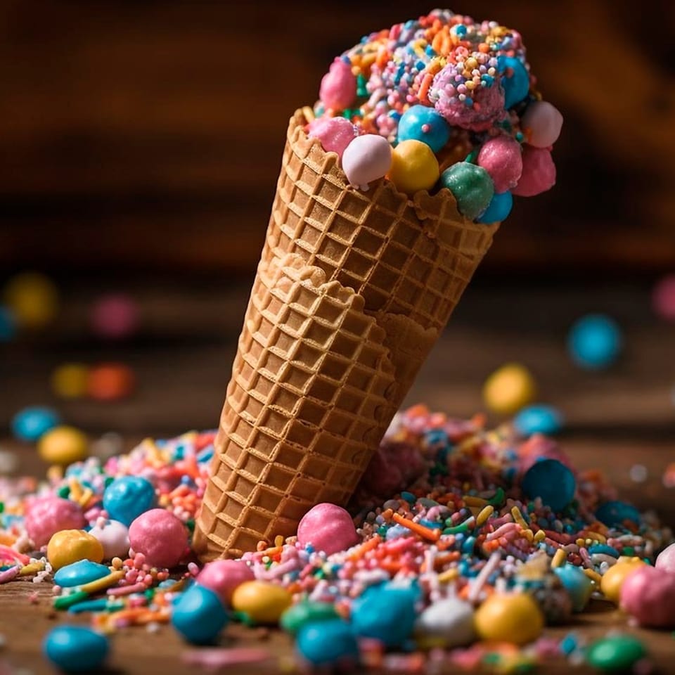A waffle cone overflowing with colorful sprinkles and candy balls on a wooden surface.