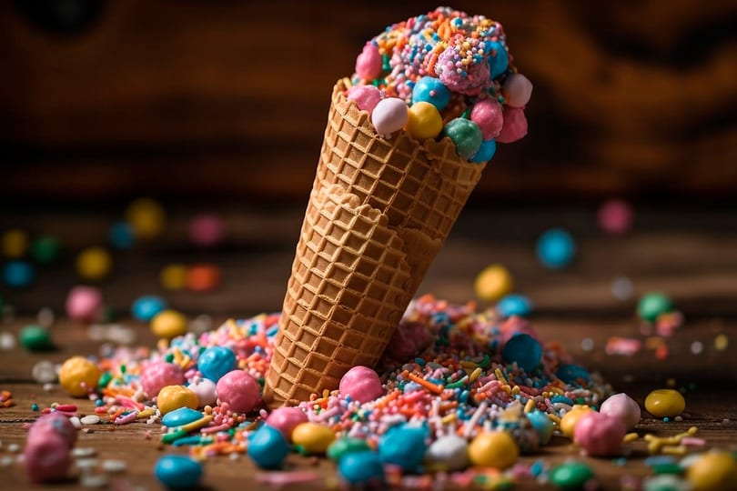 A waffle cone overflowing with colorful sprinkles and candy balls on a wooden surface.