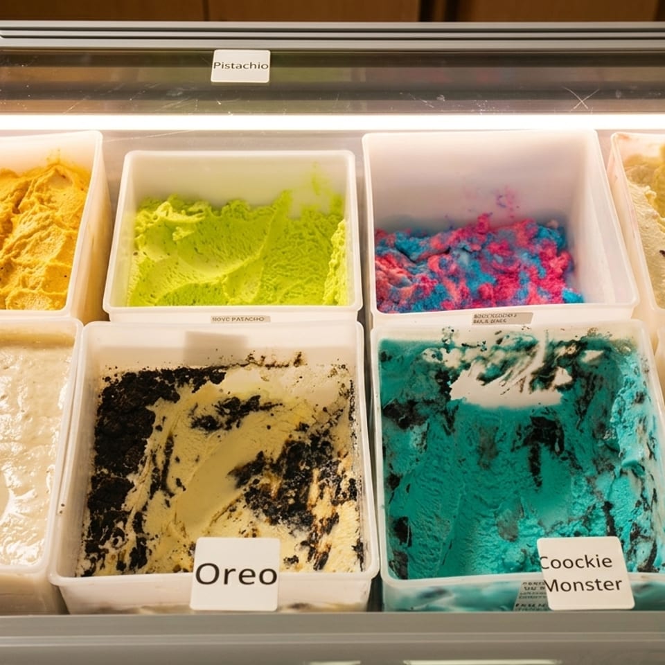 A display case filled with various flavors of ice cream, including pistachio, Oreo, and Cookie Monster.